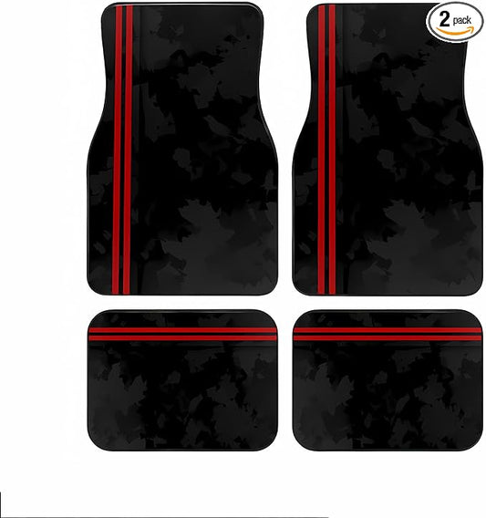 Universal Fit Car Floor Mats Set of 4Pcs, Red Background Black Bars All-Weather Front Rear Car Carpet Mats, Non-Slip Car Floor Mat Car Accessories for Automotive Trucks SUV Sedans Vans