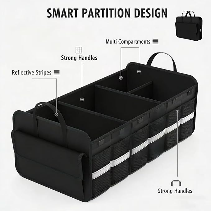 CloudDream Car Trunk Organizer, 100L Extra Large Capacity SUV Cargo Storage with 3 Compartments & 6 Pockets, Waterproof Collapsible Organizer for SUV, Truck, Minivan, Sedan, Auto Accessories