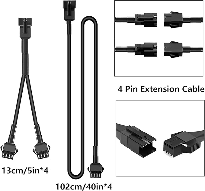 Hovano 4PCS 40 inch 4Pin Extension Cords and 4PCS 2-Way Splitters for LED Motorcycle ATV Trikes Golf Car Light Multi-Color Neon Strip Trucks Rock Lights