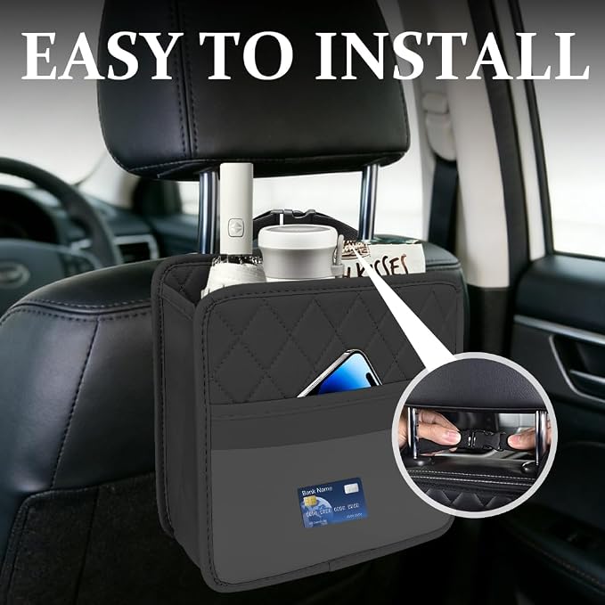 Car Seat Back Organizer, Car Organizers and Storage, PU Leather Vehicle Backseat Hanging Storage Pocket, Multipurpose Auto Organizer Hanging Universal for Most Vehicles (Black)