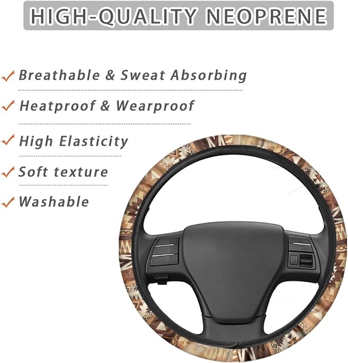 Wanyint Auto Steering Wheel Cover Universal Stretch 15 Inch Anti-Slip Neoprene Car Steering Wheel Protector for Women Men, Aztec Navajo Geometric Brown