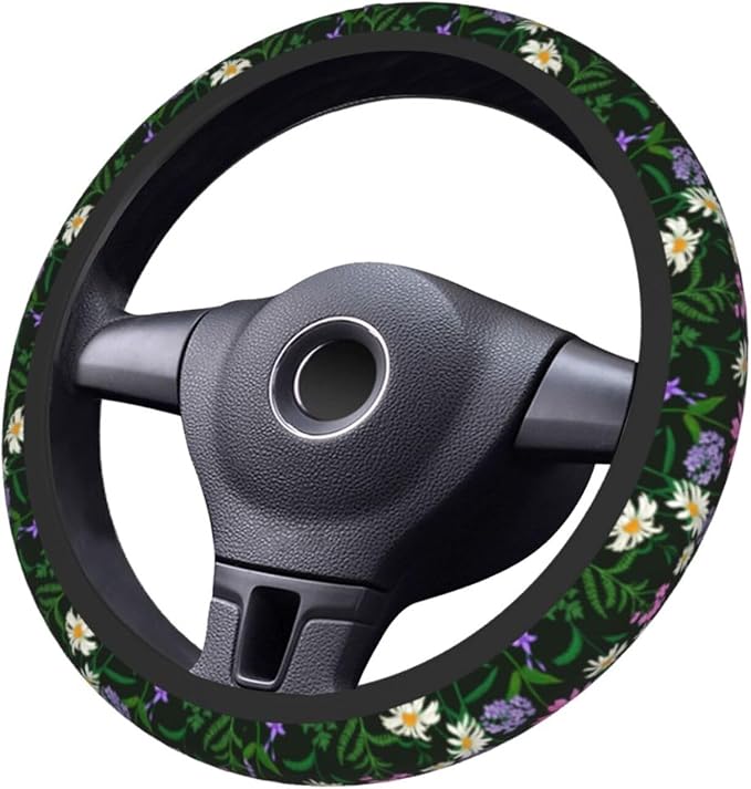 Floral Sage Green Daisy Steering Wheel Cover For Women Men Girls, Universal 15 Inch Anti Slip Steering Wheel Protector Car Accessories Interior For Auto Truck Suv