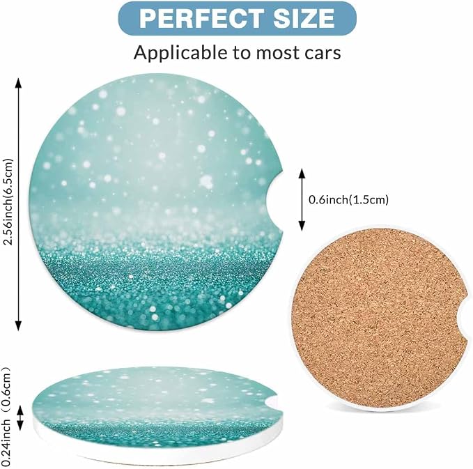 Teal Sparkle 2 Pack Car Cup Holder Coaster Anti Slip Insert Absorbent Ceramic Car Coaster with Cork Base and Finger Notch Cute Car Accessories Interior for Women Men