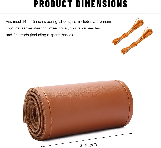 Genuine Leather Steering Wheel Cover, 15 Inch Stitch on Steering Wheel Protector with Needle & Thread, Anti-Slip DIY Sewing Wheels Wrap for Most Vehicles (Brown, Glossy)