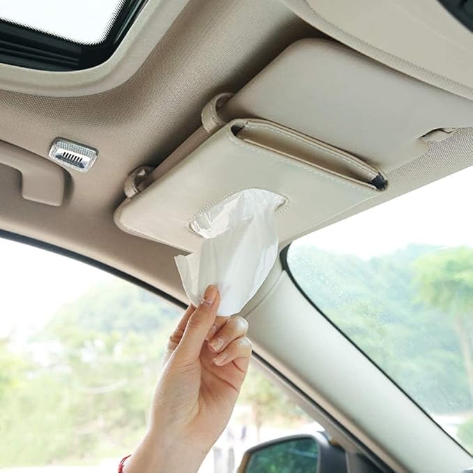 Car Tissue Holder with 7 Refill, Car Tissues Box, Tissue Napkin Refill | Leather Tissue Dispenser for Car Visor Beige, One Tissue Holder and 7 Bags of Tissues Filler Beige