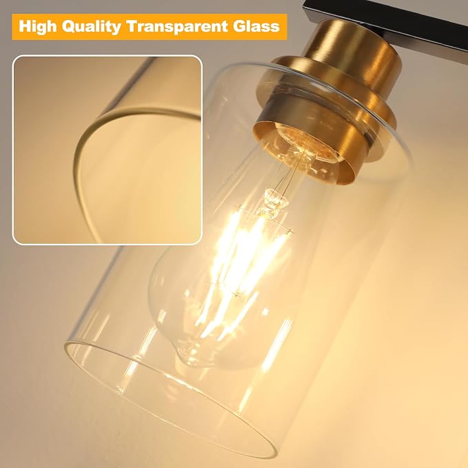 Unicozin 3 Light Bathroom Light Fixtures, Modern Vanity Lights Over Mirror, Black and Gold Wall Lamp with Clear Glass for Living Room Cabinet Bedroom Porch