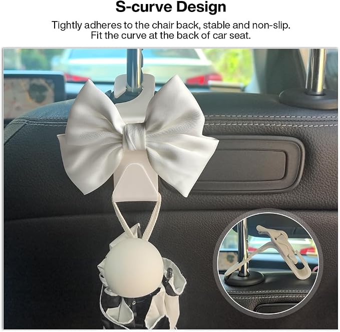 2-Pack Car Seat Headrest Hooks, Handbag Hangers, White silk | Storage organizer for handbags, clothes, coats and grocery bags; practical interior accessory for most cars and SUVs