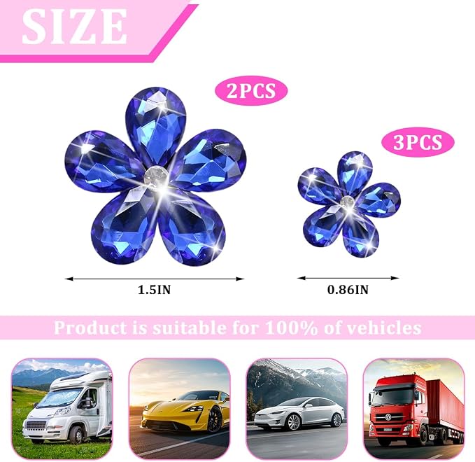 Zpana Bling Daisy Flower Car Air Vent Clips, 5PCS Sparkling Crystal Rhinestone Cute Vehicle Air Conditioning Clamp, Diamond Auto Air Outlet Clip Decor for Women Girls, Universal Fit (Dark Blue)