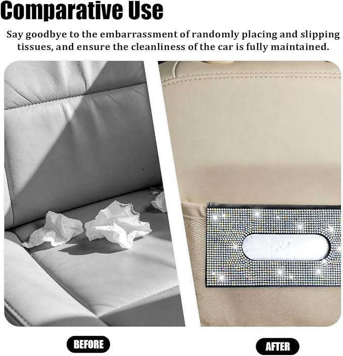 Bling Car Visor Tissue Holder, Shiny Rhinestone Leather Sun Visor Napkin Mask Case Holder Clip, Diamond AUT Paper Tissue Towel Box Dispenser, Universal Fit (Multicolor)