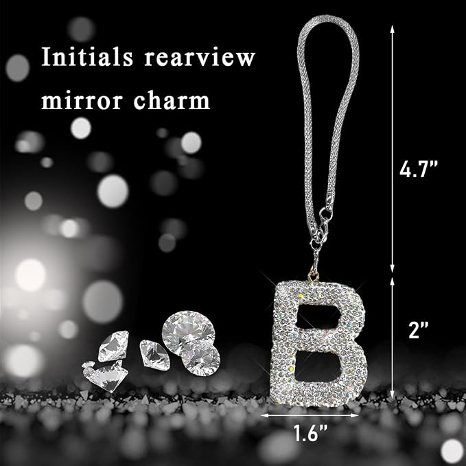 DXNQ Bling Initial Car Rear View Mirror Ornament, Crystal Sparkling Cute Letter Charm Pendant Auto Decor, Hanging Lucky Diamond Initial Charm Car Mirror Bag Ornament for Girl Women (Letter B)
