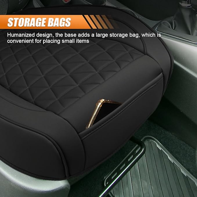 2PCS Luxury Faux Leather Car Seat Cover, Car Seats Cushion, Black | Anti-Slip Waterproof Universal Front Bottom Seat Protector with Storage Pocket for Sedans, SUVs, Trucks, Triangular Pattern