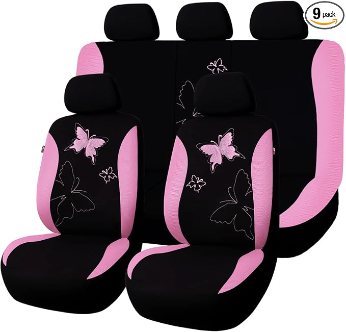 Flying Banner Butterfly car seat Covers ful Set Fashion Universal Lady Woman Female Rear Bench Split Colorized (Pink, Full Set - Lace)