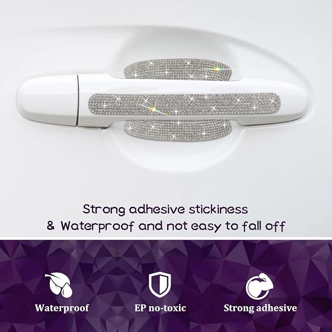 10PCS Car Door Handle Bling Rhinestones Stickers, Sliver | Universal Auto Door Handle Safety Reflective Strips, Cute Things for Car