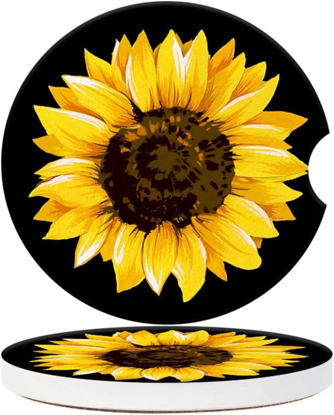 Cup Holder for Car,Elegant Sunflower Close-Up Print Ceramic Coasters Non-Slip Cup Holder Insert with Fingertip Grip, Auto Interior Accessories for Women & Men,Pack of 2, 2.56In