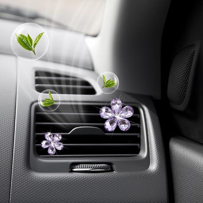 Zpana Bling Daisy Flower Car Air Vent Clips, 5PCS Sparkling Crystal Rhinestone Cute Vehicle Air Conditioning Clamp, Diamond Auto Air Outlet Clip Decor for Women Girls, Universal Fit (Purple)