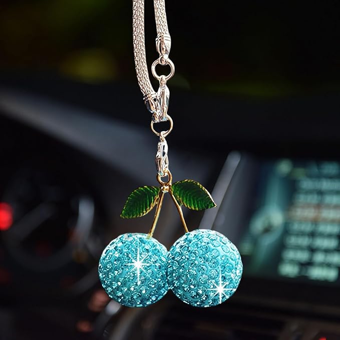 Bling Cherry Car Hanging Ornament, Cute Crystal Rear View Mirror Pendant, Sparkly Diamond Rearview Mirror Charms, Lucky Car Interior Decor Accessories (Blue)