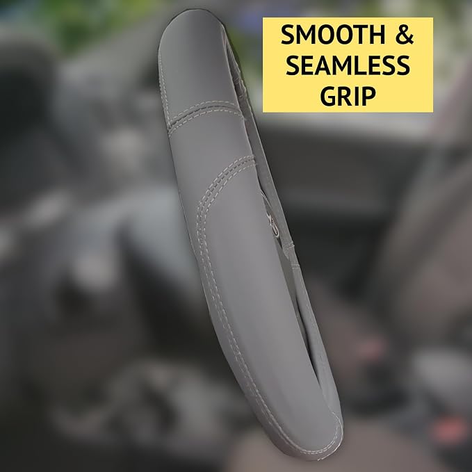 Steering Wheel Cover, Gray, Real Genuine Leather, 15 inch, for Men and Women, Universal, Stretch On, Heat Resistant, Stays Cool, Non-Slip, HANWOLF