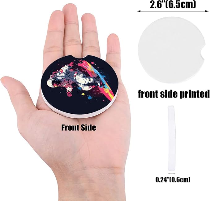Car Coasters for Cup Holders 2.6" Dia Absorbent Coasters Set of 6 Car Interior Accessories for Women Men Ceramic Car Coaster for Drinks with Finger Grooves,Watercolor Astronaut Skateboard Theme Black