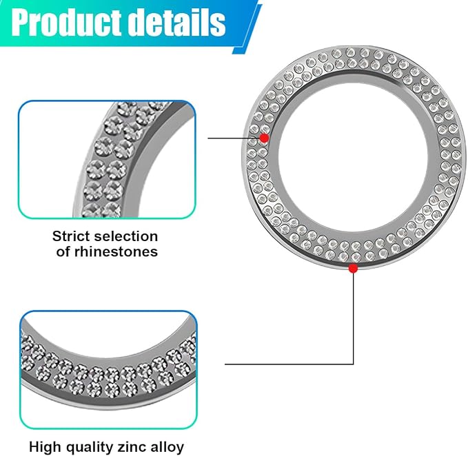 Car Bling Crystal Rhinestone Engine Start Decoration Ring, Ring Start Button Cover Sticker Key Ignition & Knob Ring Decoration, Bling Car Interior Accessories for Women (White)