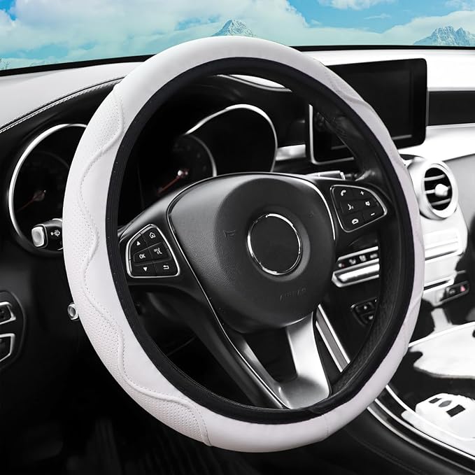 zipelo Elastic Stretch Steering Wheel Cover, Microfiber Breathable Ice Silk, Universal 15 Inch Anti-Slip Car Steering Wheel Protector, Warm in Winter and Cool in Summer for Women (Style2-White)