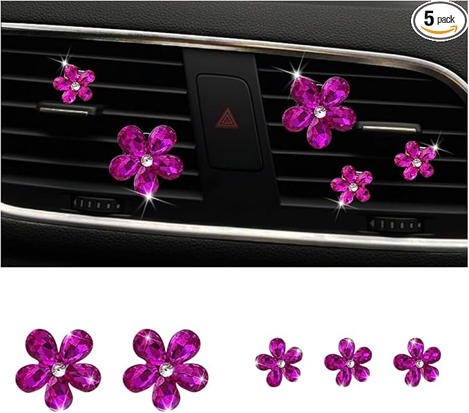 Zpana Bling Daisy Flower Car Air Vent Clips, 5PCS Sparkling Crystal Rhinestone Cute Vehicle Air Conditioning Clamp, Diamond Auto Air Outlet Clip Decor for Women Girls, Universal Fit (Rose Red)