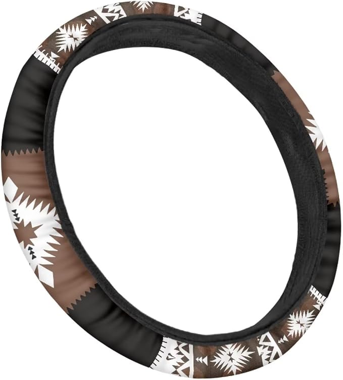 Wanyint Southwest Aztec Brown Black Car Steering Wheel Cover 15 Inch Universal Breathable Soft Anti-Slip Sweat Absorbent Car Accessory Fit for Most Vehicles