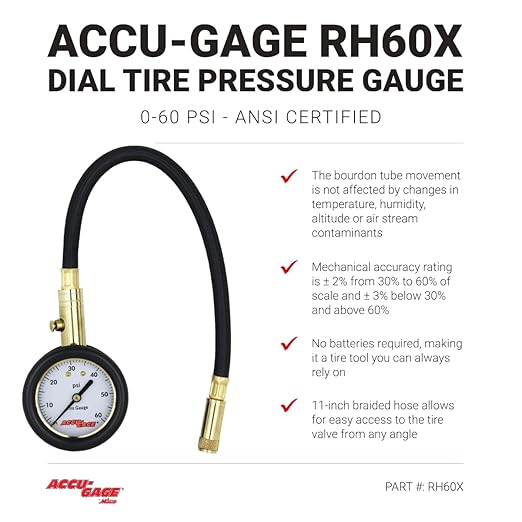 Accu-Gage by Milton Dial Tire Pressure Gauge with Straight Air Chuck and 11 in. Braided Hose - ANSI Certified for Motorcycle/Car/Truck Tires (0-60 PSI)