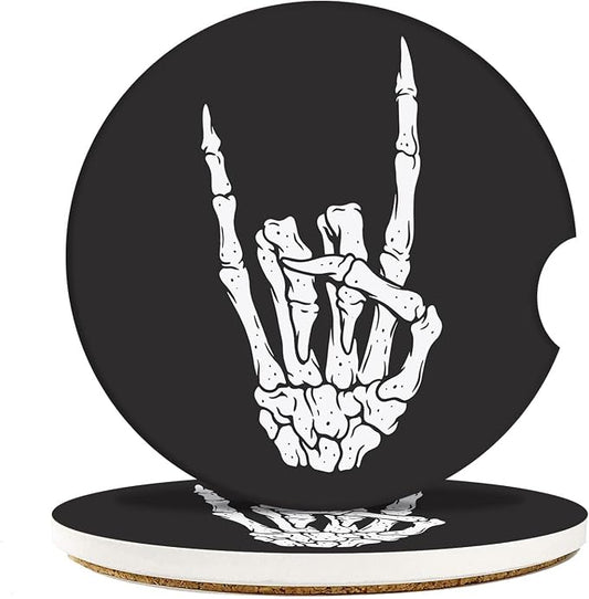 Britimes Absorbent Car Coasters 2 Pack for Cup Holders, 2.56" Ceramic Stone & Non-Scratch Cork Base Drink Coasters Skeleton Skull Rock Vintage Rocker