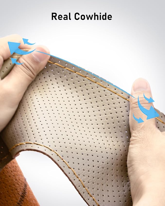 Belinous Perforated Leather Car Steering Wheel Cover (Size L5, Light Beige) | Stitch On Wrap, Universal fit 13-20 Inch, Whole Piece of Cowhide, DIY w/Needle Thread, Breathable Anti-Slip Design