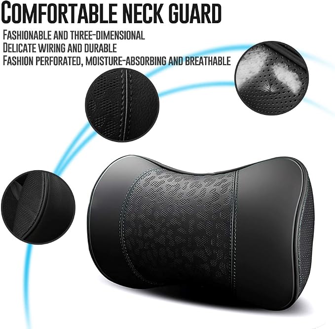 HAOTULE Car Leather Neck Pillows, Neck Rest Cushions,100% Memory Foam Cervical Support, Comfortable Travel car Seats and Home Office Soft Pillows, Black a Set (2 pcs)