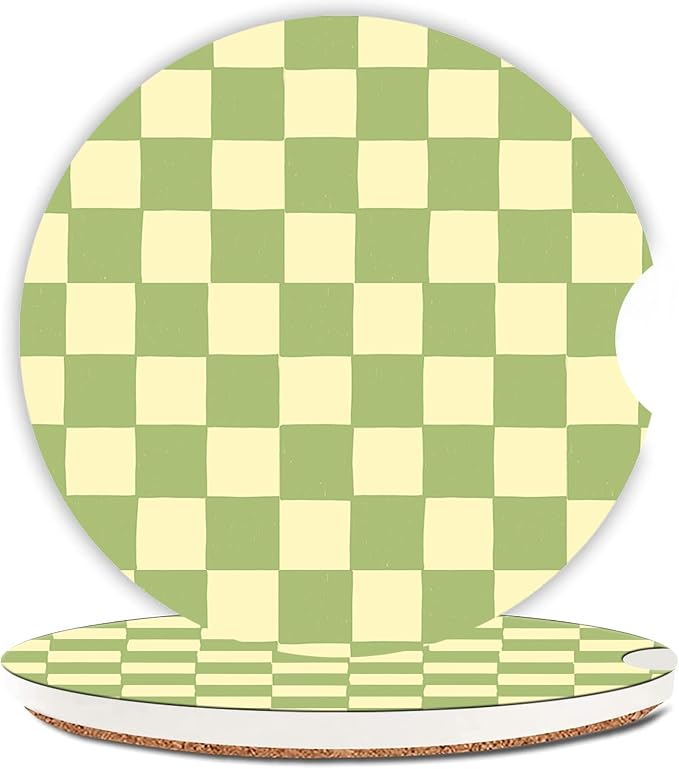 Beige Green Checkerd Car Coasters for Cup Holder Absorbent Ceramic Cup Coaster 2 Pack Anti Slip Car Interior Accessories with Finger Notch Cork Base for Women Men 2.56"