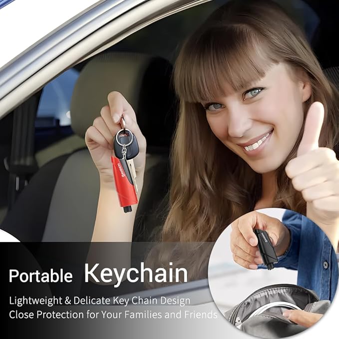 SINSEN Window Breaker Seatbelt Cutter, Car Emergency Safety Keychain, Seat Belt Escape Tool and Glass Hammer, Spring-Loaded for Land and Underwater, 2PCS, Red