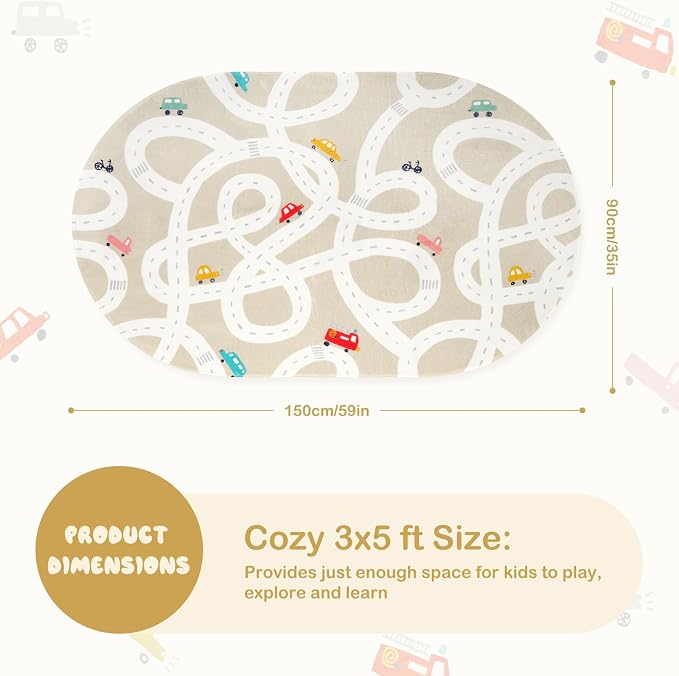 STARUIA Small Kids Rug for Kids Room, 3'x5' Washable Road Rug for Baby Nursery, Non-Slip Car Rugs for Playroom, Tan Traffic Play Mat Soft Fun Rugs for Boys Girls Dorm Toy Room Tent