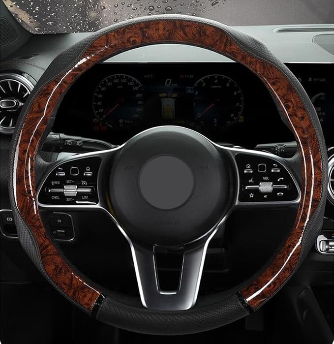 Peach Wood Grain Steering Wheel Cover Anti-Slip Breathable Durable Leather Four Seasons Universal 15 Inch Car Wrap Cover (Coffee)