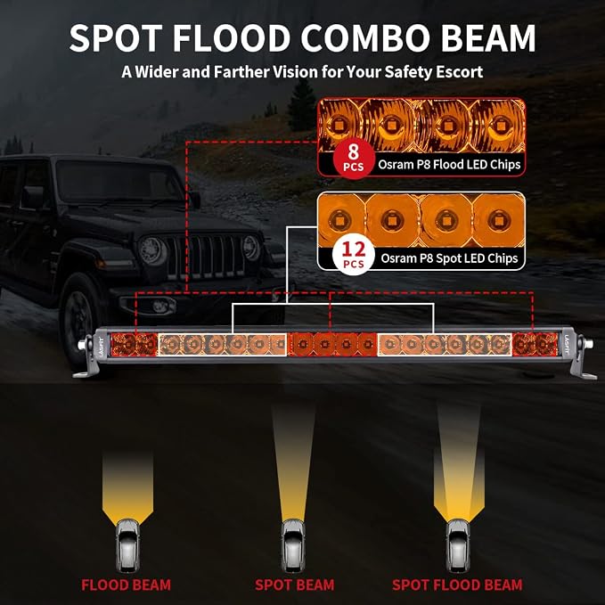 LASFIT 22 inch Amber Light Bar, Spot Flood Combo Beam, Single Row Yellow LED Bar for Off Road Driving Light, IP67 Waterproof for Truck Pickup SUV ATV UTV
