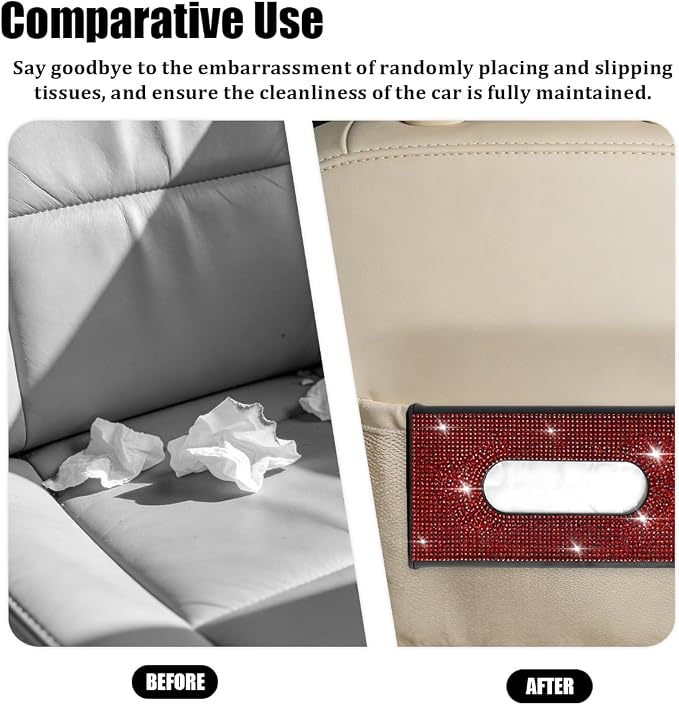 Bling Car Visor Tissue Holder, Shiny Rhinestone Leather Sun Visor Napkin Mask Case Holder Clip, Diamond AUT Paper Tissue Towel Box Dispenser, Universal Fit (Black/Red)