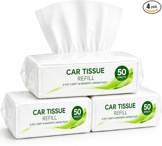 RAINFLOW Car Tissue Refills -Tissue Refills Paper for Car Tissue Holder | 4 Packs 200 Sheets, 3-Ply Soft Absorbent and Lint-Free, Ideal for Commuting, Travel, Fits Most Vehicle Organizers