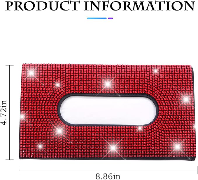Bling Car Sun Visor Tissue Box Holder, Rhinestone PU Leather Crystal Sparkling Napkin Holder, Backseat Paper Towel Cover Case Car Accessories for Women (Red)