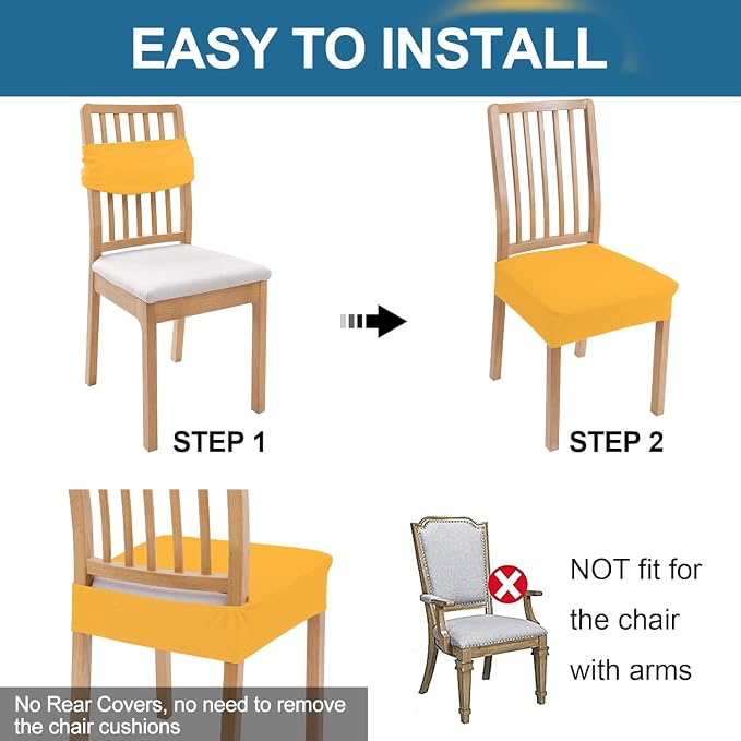 Smiry Waterproof Seat Covers for Dining Room Chairs Set of 8, Stretch Jacquard Removable Washable Chair Seat Slipcovers Protector, No Rear Covers, Mustard Yellow