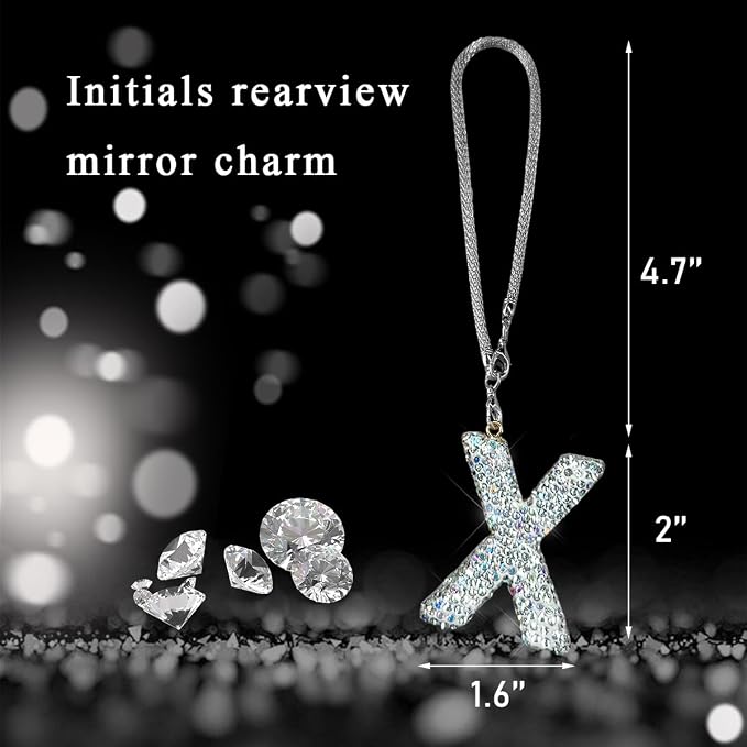 DXNQ Bling Initial Car Rear View Mirror Ornament, Crystal Sparkling Cute Letter Charm Pendant Auto Decor, Hanging Lucky Diamond Initial Charm Car Mirror Bag Ornament for Girl Women (Letter X)