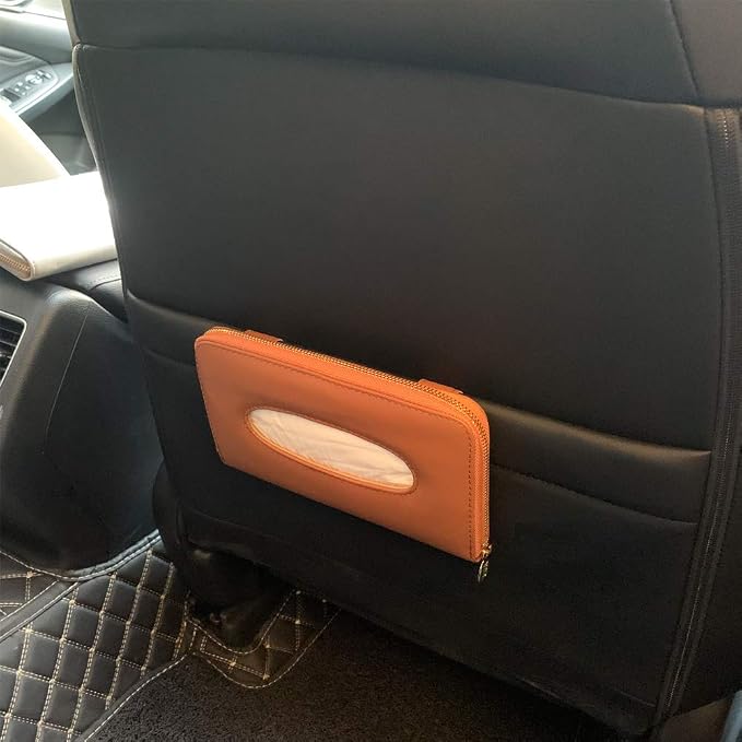 Sun Visor Tissue Holder, PU Leather Backseat Napkin Case for Car Vehicle with Zipper (Brown)