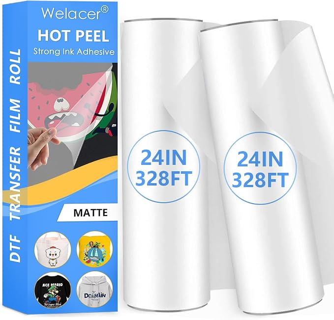 DTF Transfer Film Roll 24"x328FT,Double-Sided Matte Pretreat Film | Hot&Cold Peel,PET Heat Transfer Paper for DTF Inkjet Printer Direct Print on All Color Fabrics,Wash Durable,2-Pack