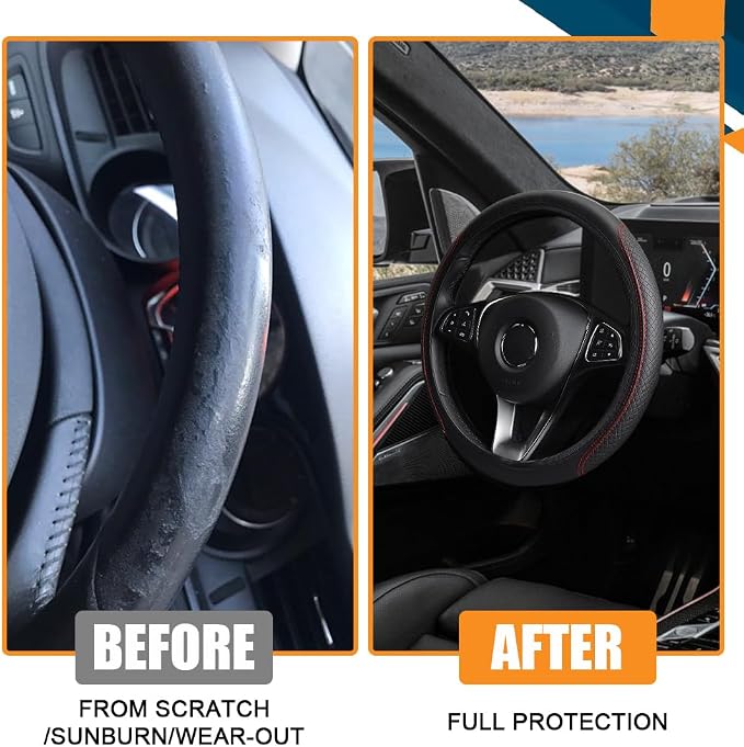 Car Steering Wheel Cover, Universal 14.5-15 Inch Black Leather Steering Wheel Wrap with Better Sport Grip for Men Women, Anti-Slip Breathable Car Interior Accessories for Most Vehicless (Black red2)