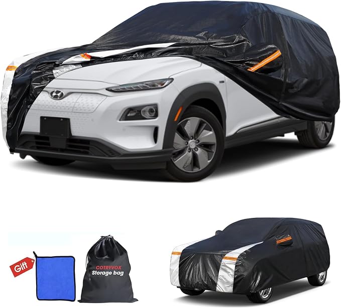 Multi-Layer Car Cover Custom Fit for Hyundai Kona(EV)(2017-2026), 100% Waterproof All Weather for Automobiles, Gift with Towel, Heavy Duty Car Covers for Rain Sun UV Protection with Door Zipper.