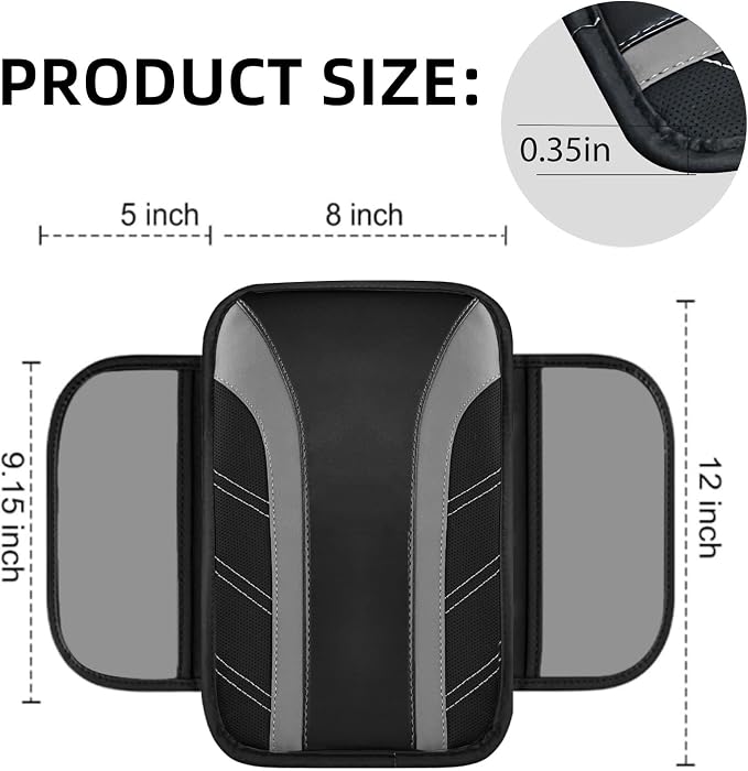 NBTEPEM 6 Pcs Grey Car Accessories Set, Sport Leather Steering Wheel Cover 14.5-15inch Universal, Microfiber Leather Car Center Console Cover, Seat Belt Cushion, Cup Holder Coaster (Black-Grey)
