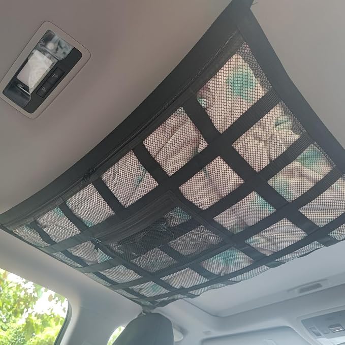 Car Ceiling Cargo Net Roof Storage Organizer Mesh Hammock for Subaru Crosstrek 2013–2025 2026 GP/GU,Interior Mesh Hammock Zipper Pocket,Space Saving Road Trips Camping,90 * 65