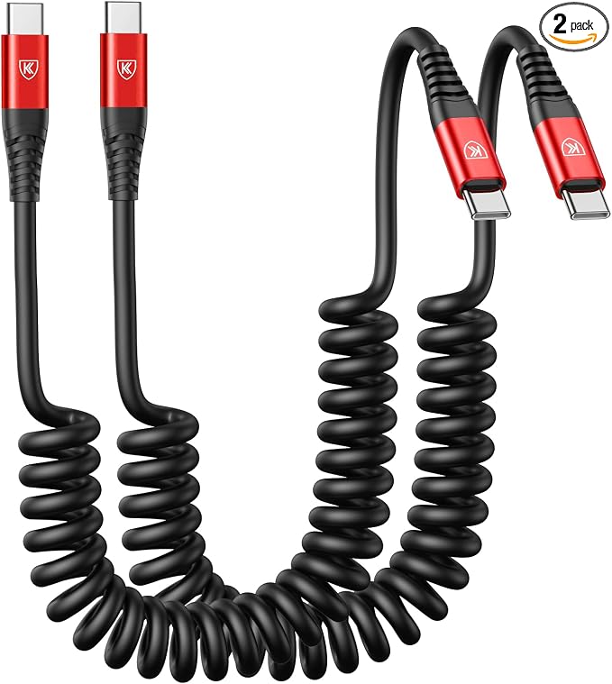 USB C Cable 3ft 2Pack USB C to USB C Charger Cable for Car, Coiled Type C | Fast Charging Cable for iPhone 17/16/15/Plus/Pro/Pro Max/MacBook Pro 2020/iPad Pro 2020/iPad Air 4/Samsung Galaxy S23-Red