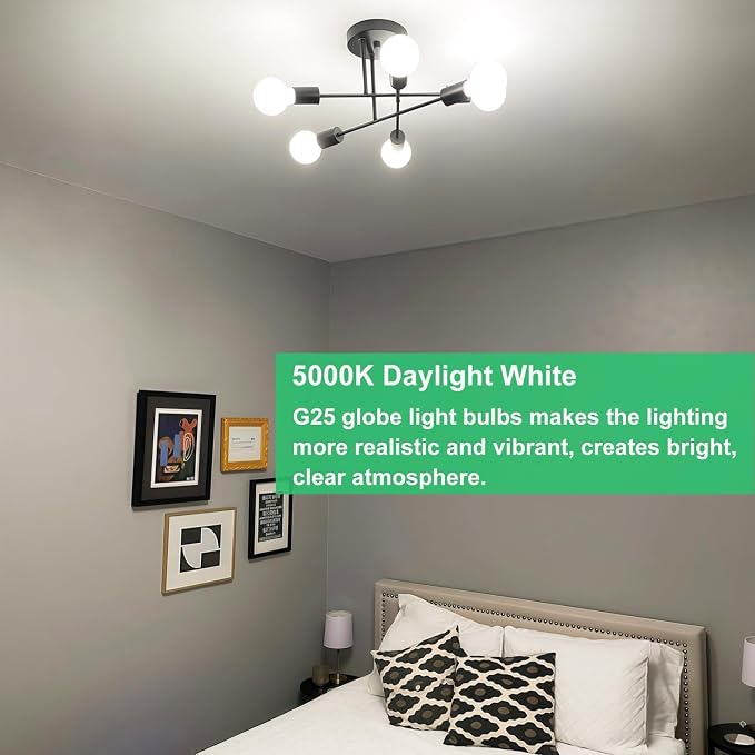Vinaco Glass G25 led Globe Light Bulbs Dimmable 6W 120V 5000K for Bathroom | 6PCS, Milky Frosted Glass, 60W Eq. 450LM, 360°Beam,Warm White, NO Flicker, High CRI90+, E26 Base, for Makeup Mirror & Pendant