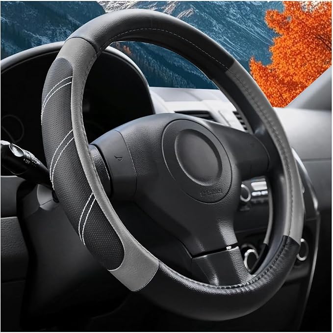 Osilly Car Steering Wheel Cover, 14.5-15" Leather Breathable Anti-Slip Stylish Steering Wheel Protector, Comfortable Auto Interior Decoration Accessories, Universal for SUV Van Truck (Black Gray)