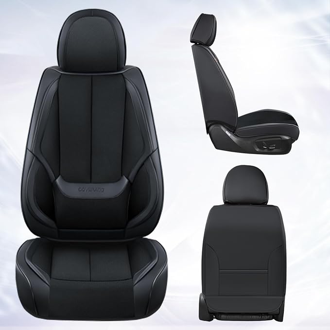 Coverado Front Seat Covers, Waterproof Universal Seat Covers for Cars, Breathable Fabric & Leather Car Seat Protectors, Car Seat Cushions Auto Accessories Fit for Most Sedans SUV Truck, Black